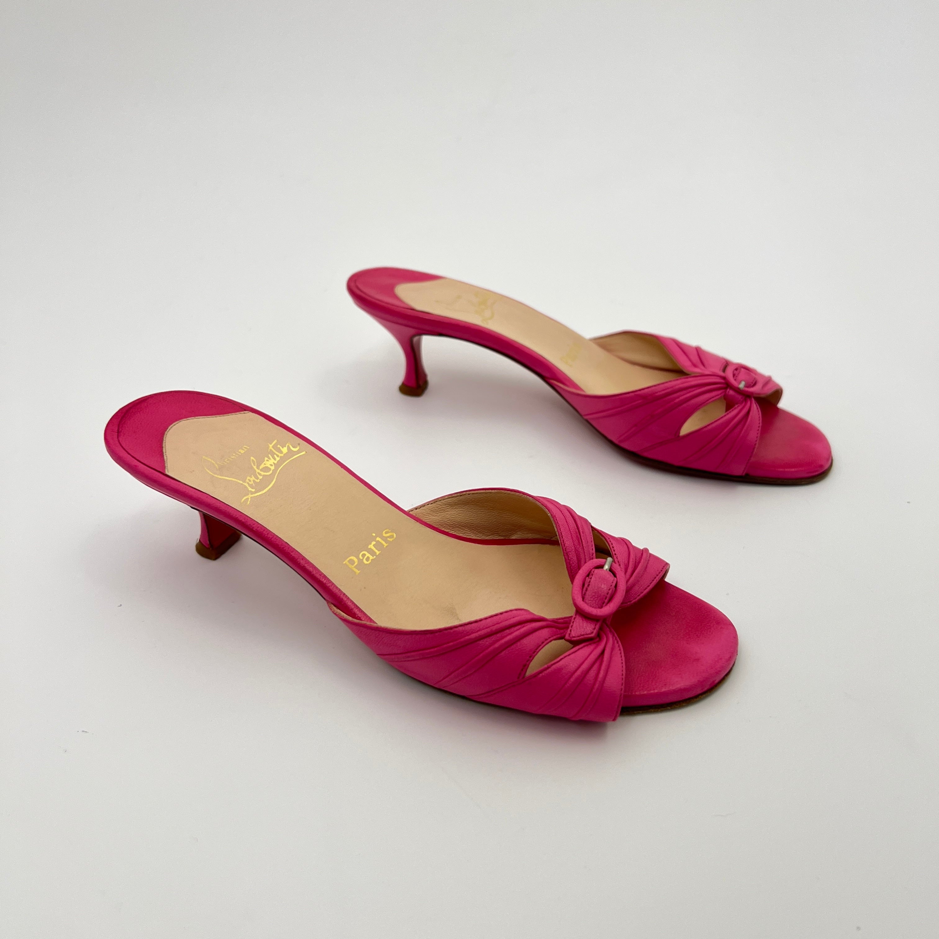 Louboutin | Hot Pink Leather Buckle Strappy Sandal Mules (37)