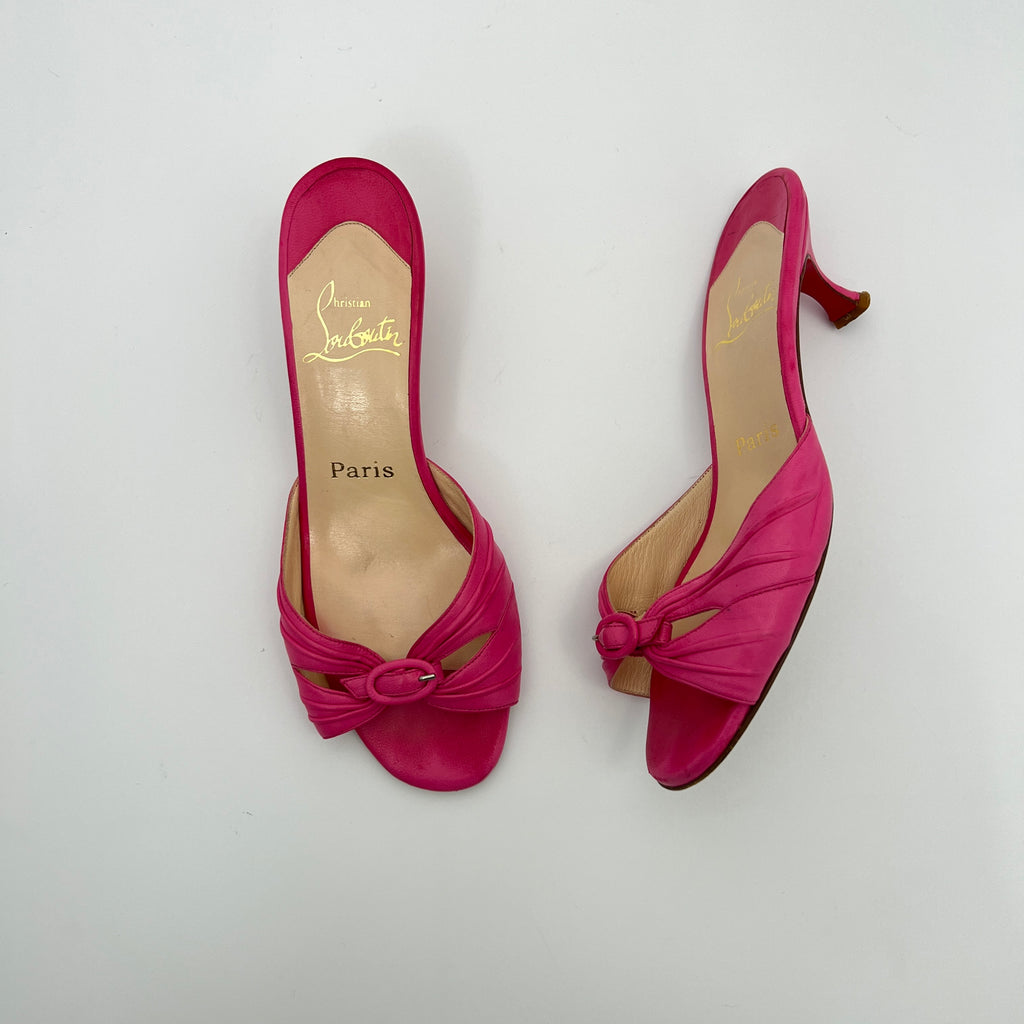 Louboutin | Hot Pink Leather Buckle Strappy Sandal Mules (37)