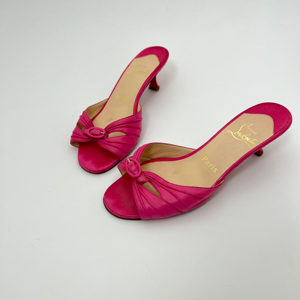 Louboutin | Hot Pink Leather Buckle Strappy Sandal Mules (37)