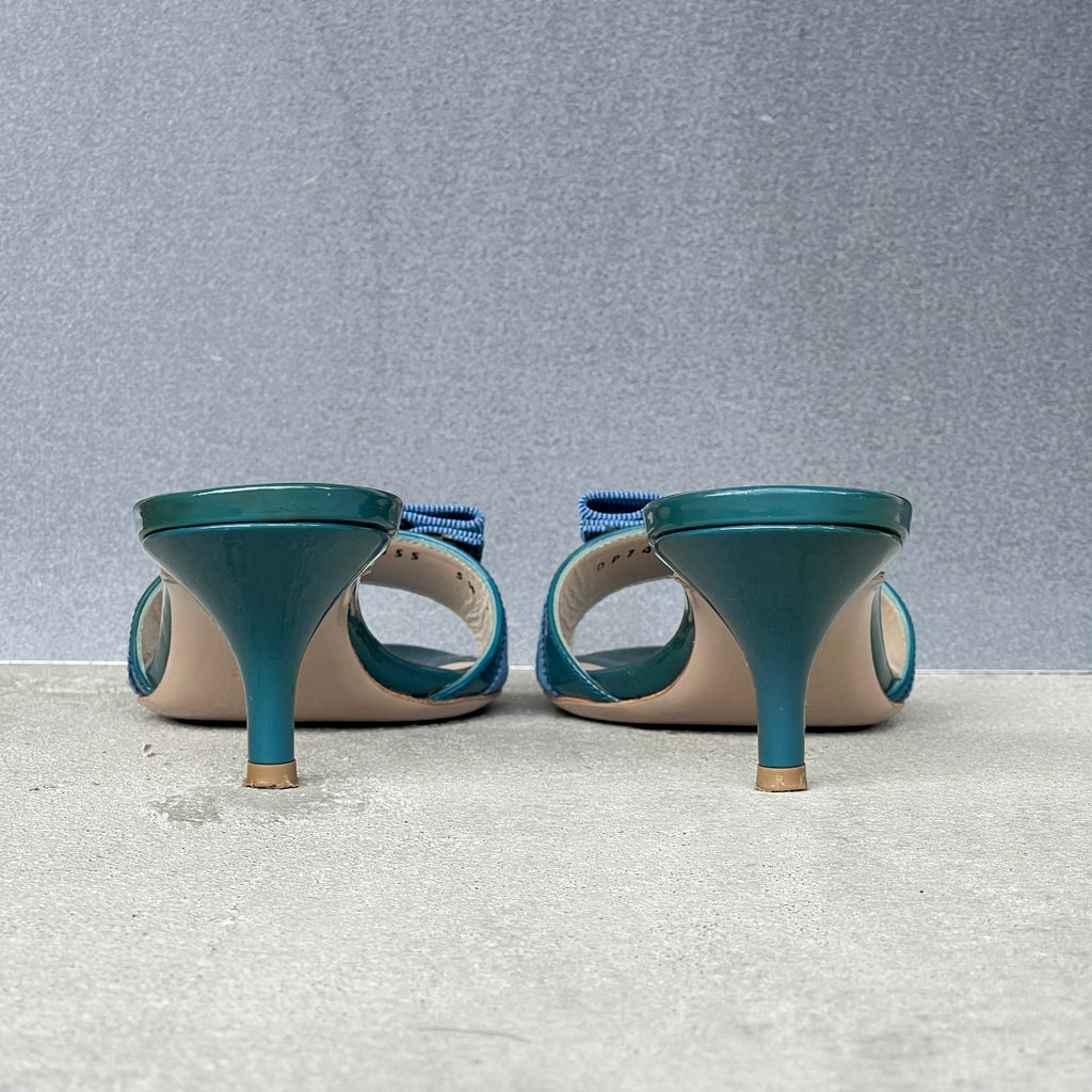 Ferragamo | Glory Vara Bow Blue Patent Leather Silver Logo Slide Mules (5.5 , 35.5)