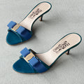 Ferragamo | Glory Vara Bow Blue Patent Leather Silver Logo Slide Mules (5.5 , 35.5)