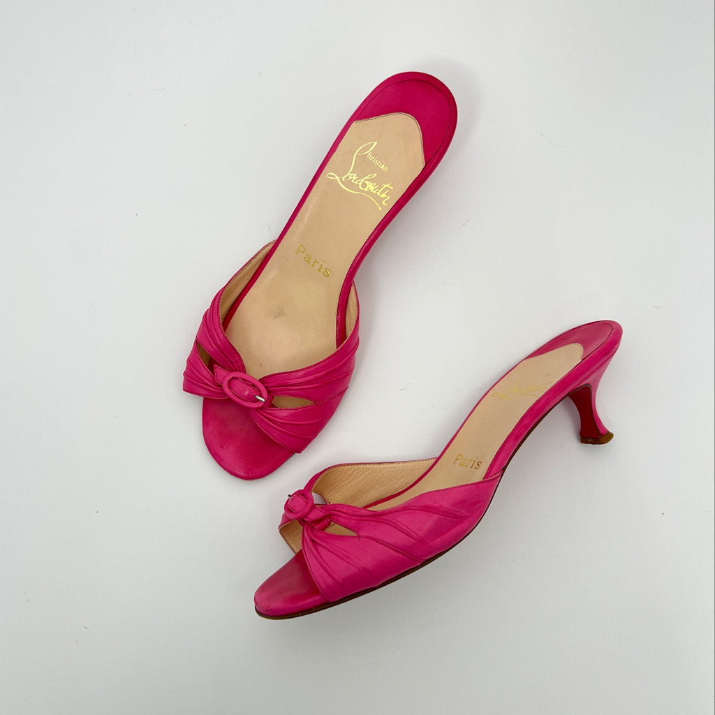Louboutin | Hot Pink Leather Buckle Strappy Sandal Mules (37)