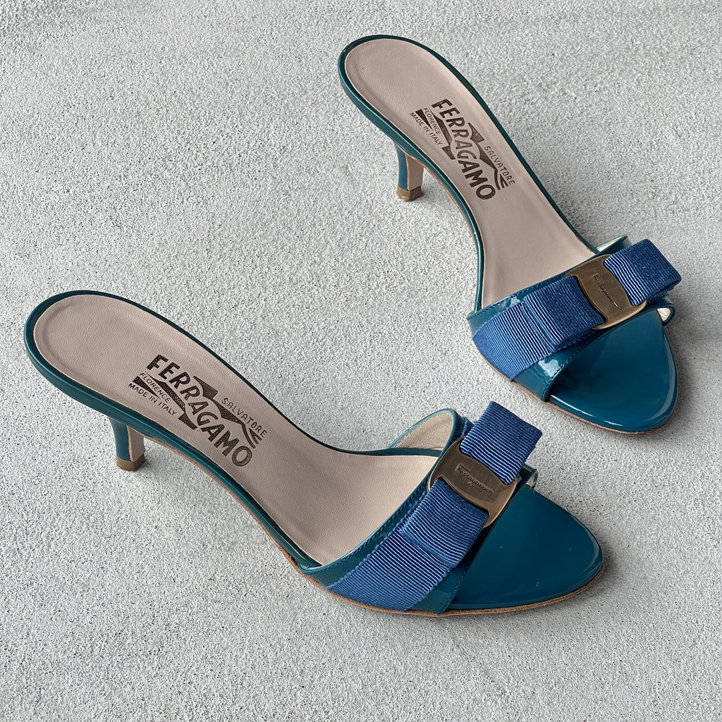 Ferragamo | Glory Vara Bow Blue Patent Leather Silver Logo Slide Mules (5.5 , 35.5)