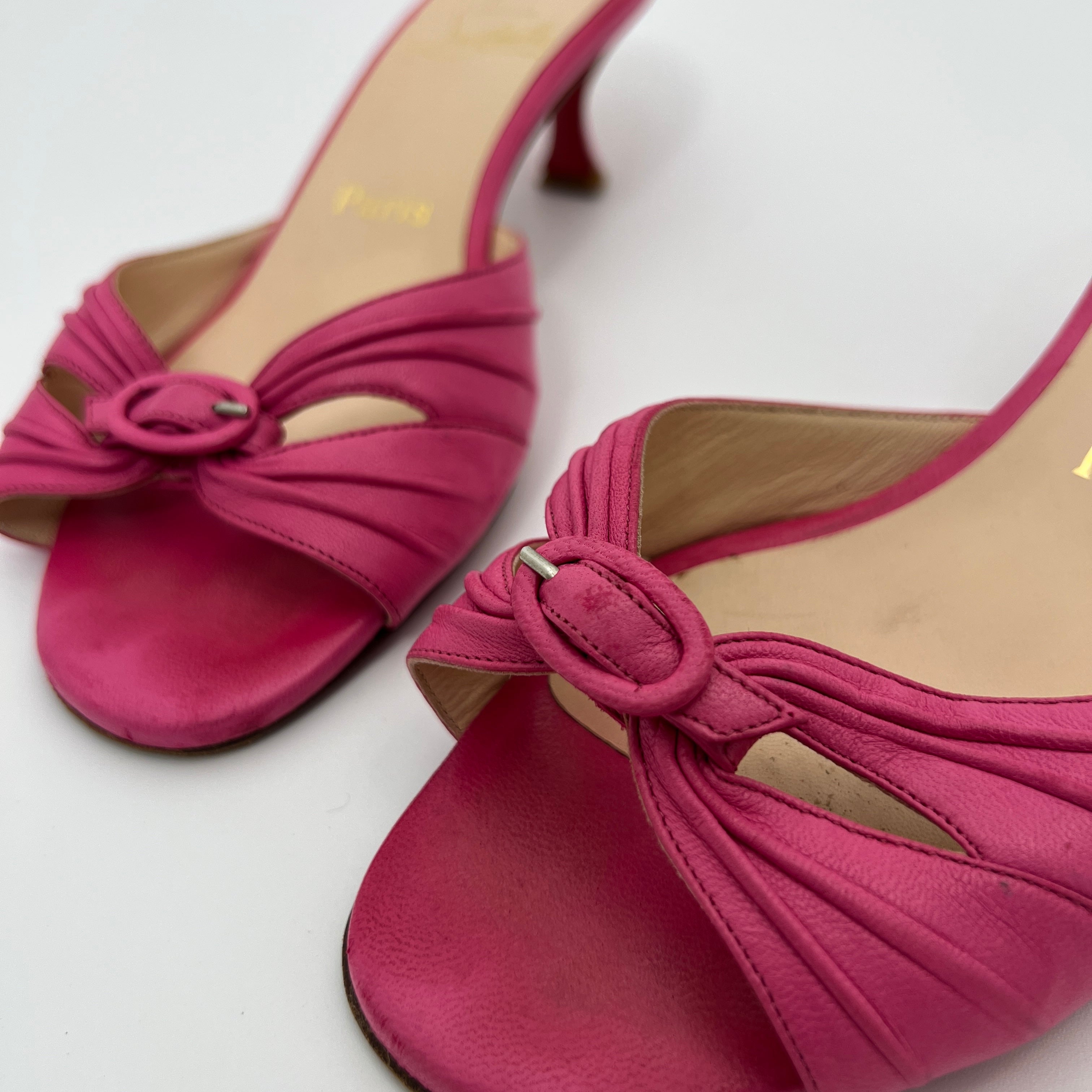 Louboutin | Hot Pink Leather Buckle Strappy Sandal Mules (37)