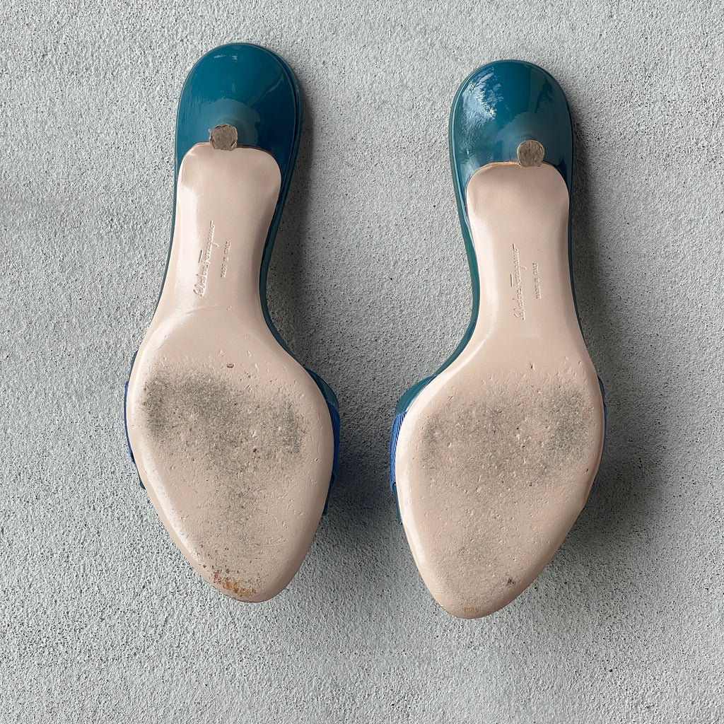 Ferragamo | Glory Vara Bow Blue Patent Leather Silver Logo Slide Mules (5.5 , 35.5)