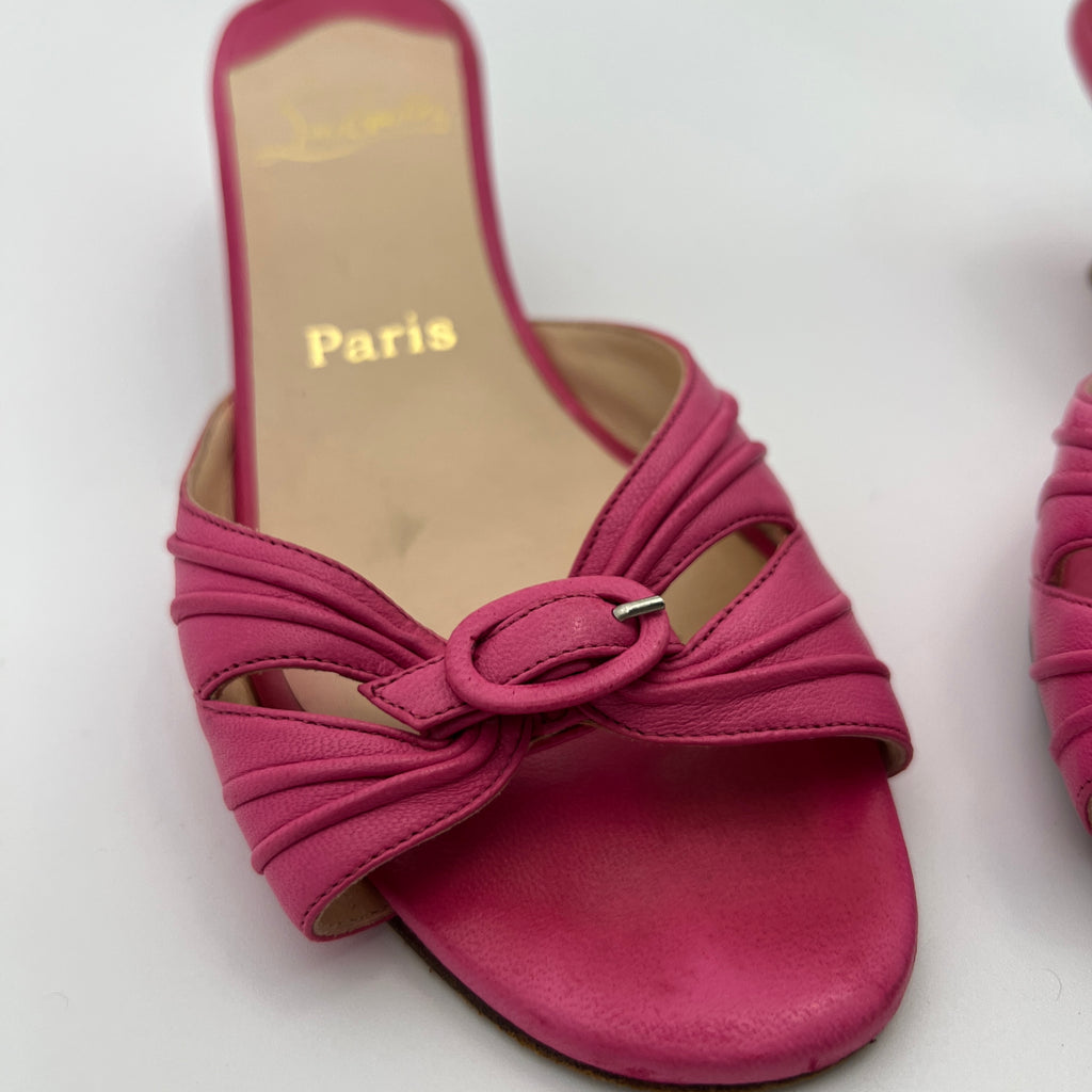 Louboutin | Hot Pink Leather Buckle Strappy Sandal Mules (37)