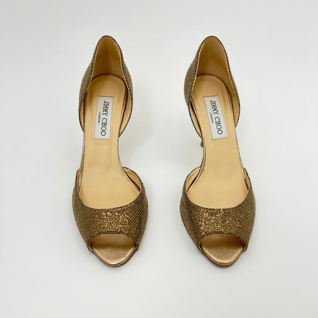 Jimmy Choo | Gold Leather Glitter Peep Toe Stiletto D'Orsay Heels (37.5)
