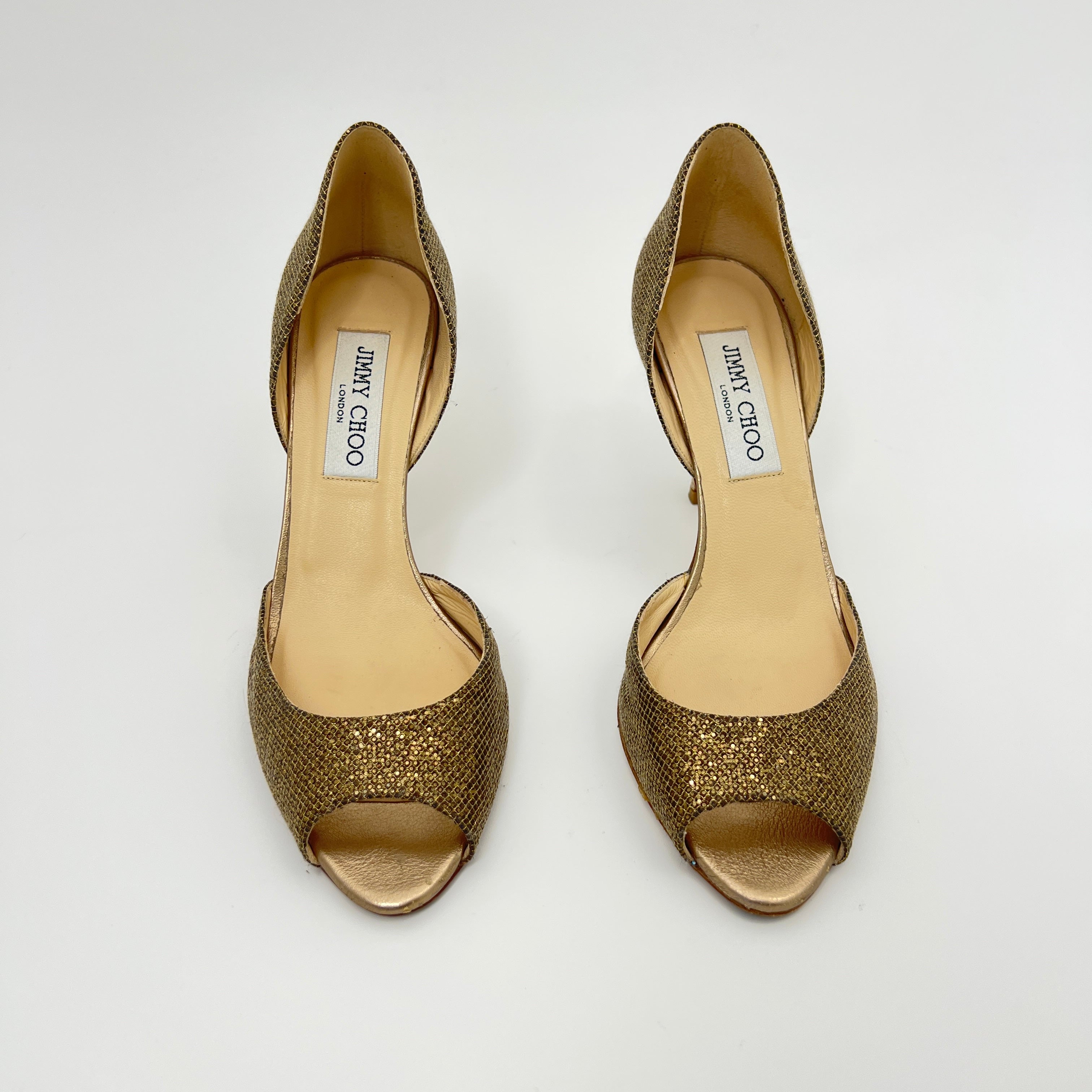 Jimmy Choo | Gold Leather Glitter Peep Toe Stiletto D'Orsay Heels (37.5)