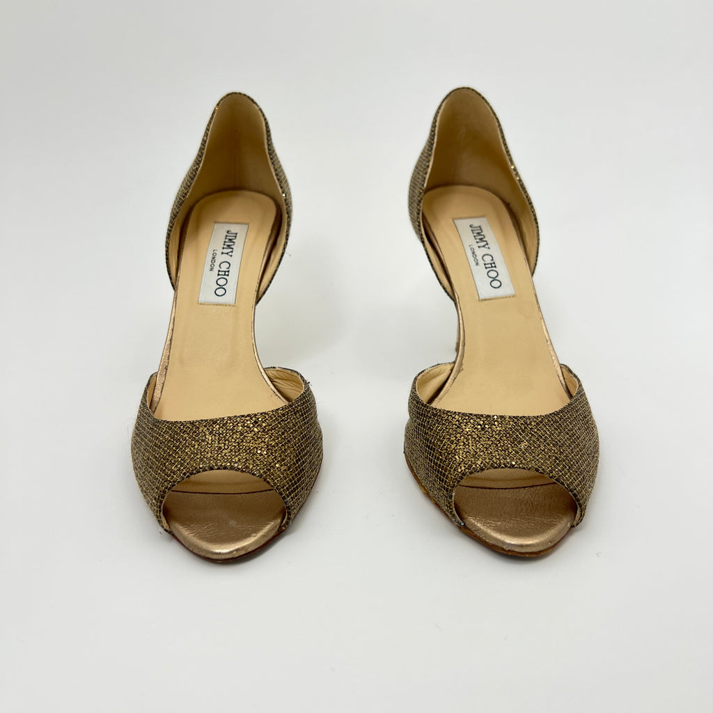 Jimmy Choo | Gold Leather Glitter Peep Toe Stiletto D'Orsay Heels (37.5)