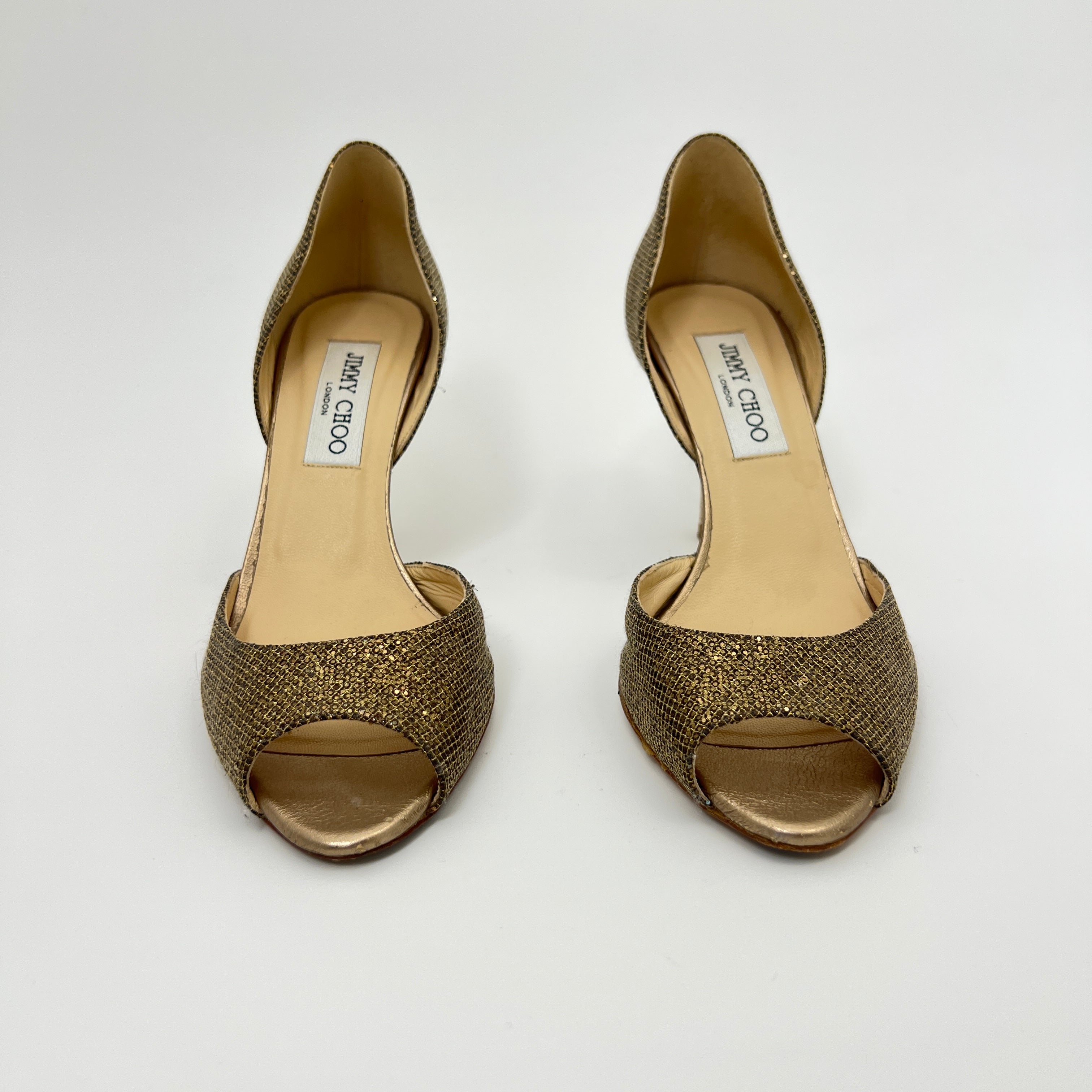Jimmy Choo | Gold Leather Glitter Peep Toe Stiletto D'Orsay Heels (37.5)