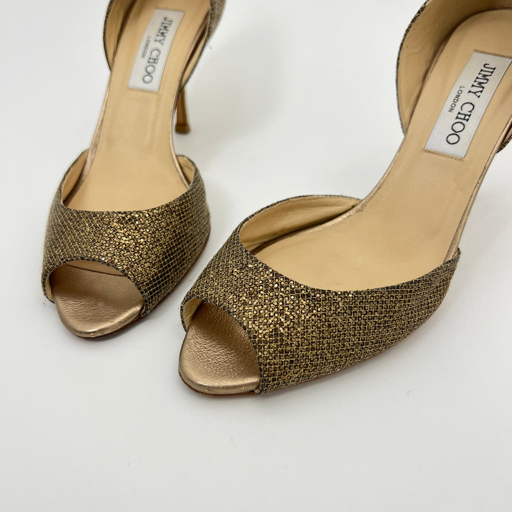 Jimmy Choo | Gold Leather Glitter Peep Toe Stiletto D'Orsay Heels (37.5)
