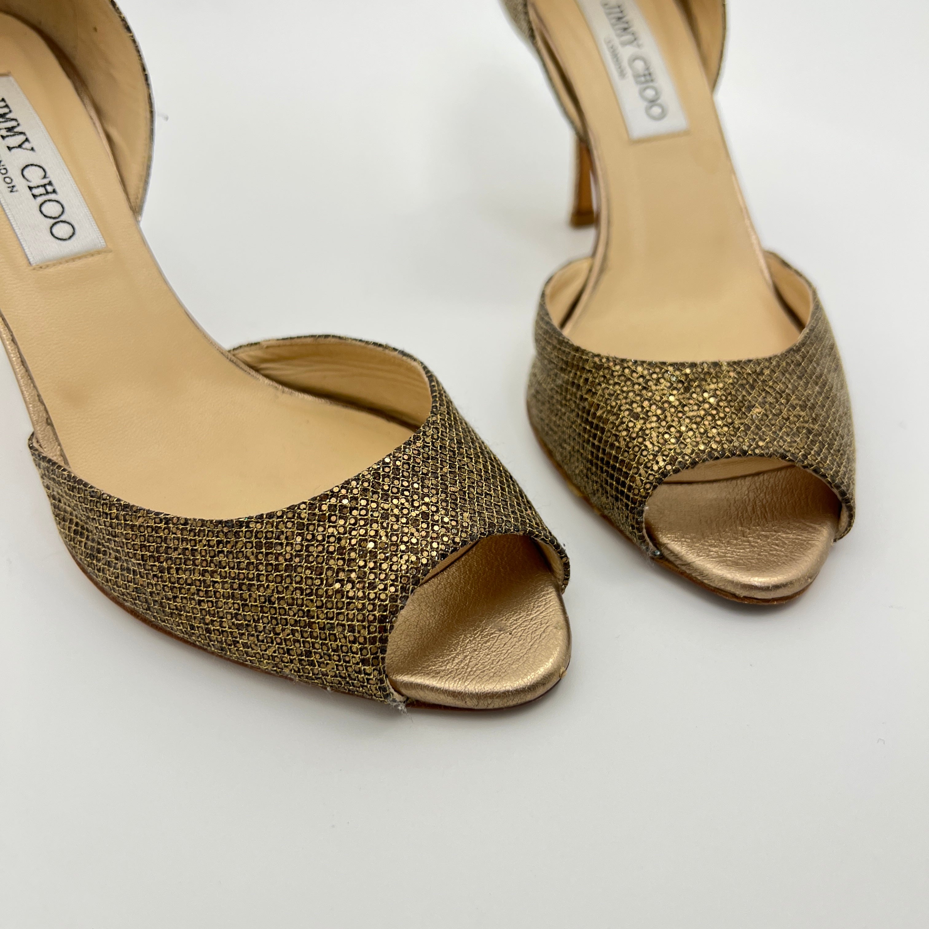 Jimmy Choo | Gold Leather Glitter Peep Toe Stiletto D'Orsay Heels (37.5)
