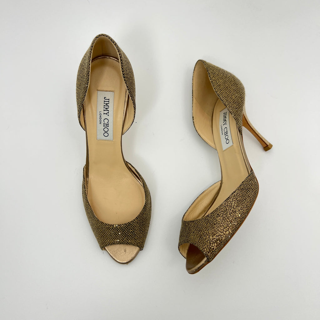 Jimmy Choo | Gold Leather Glitter Peep Toe Stiletto D'Orsay Heels (37.5)