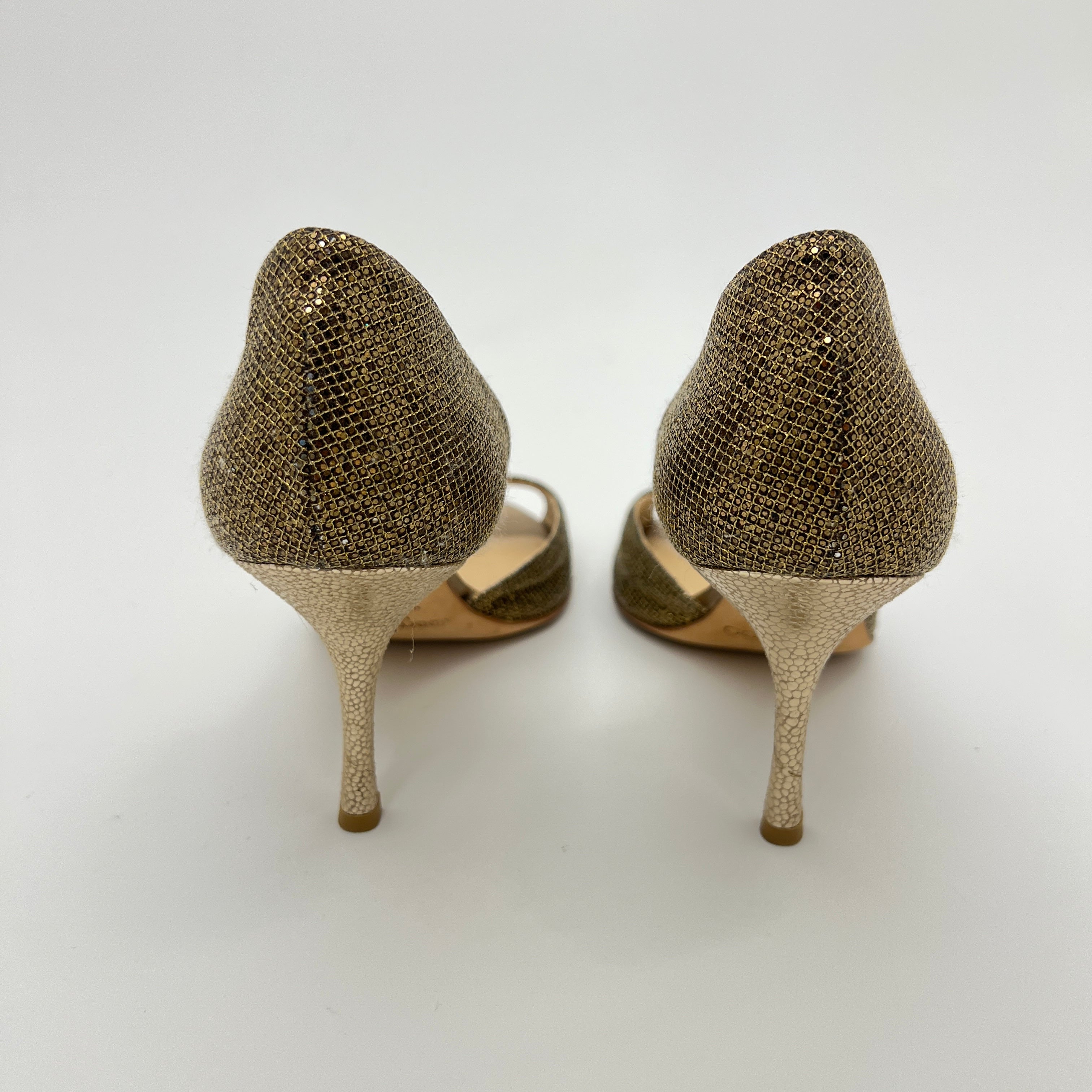 Jimmy Choo | Gold Leather Glitter Peep Toe Stiletto D'Orsay Heels (37.5)