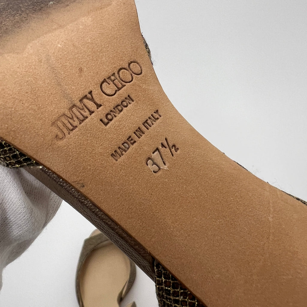Jimmy Choo | Gold Leather Glitter Peep Toe Stiletto D'Orsay Heels (37.5)