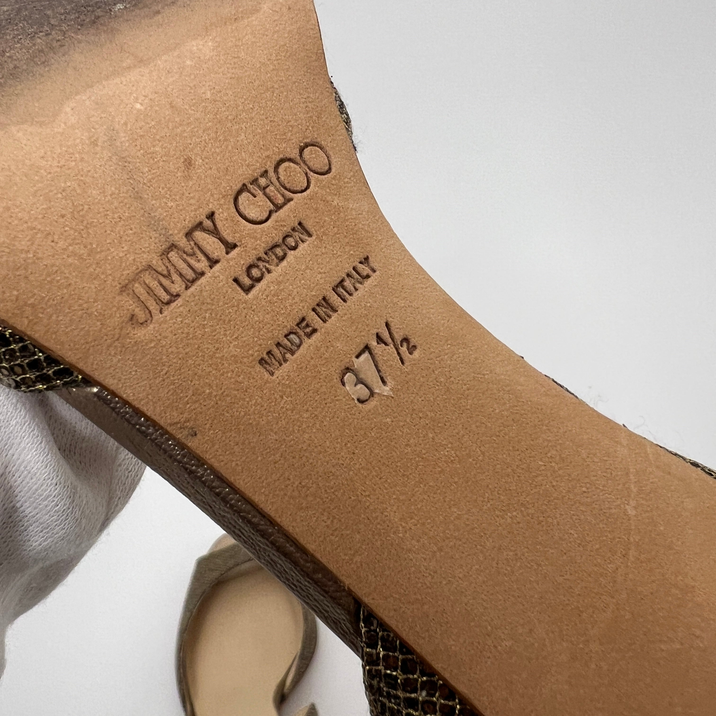 Jimmy Choo | Gold Leather Glitter Peep Toe Stiletto D'Orsay Heels (37.5)