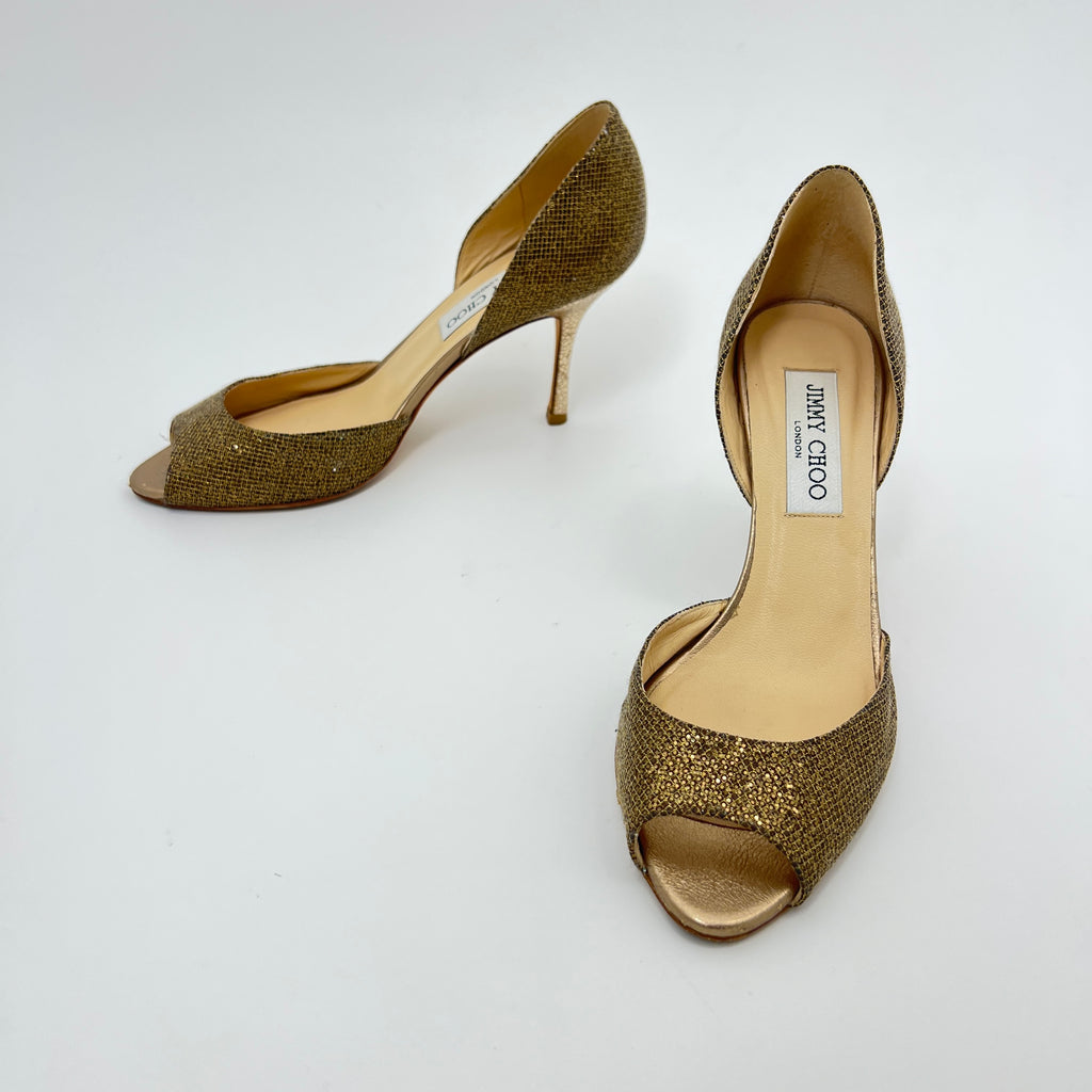 Jimmy Choo | Gold Leather Glitter Peep Toe Stiletto D'Orsay Heels (37.5)