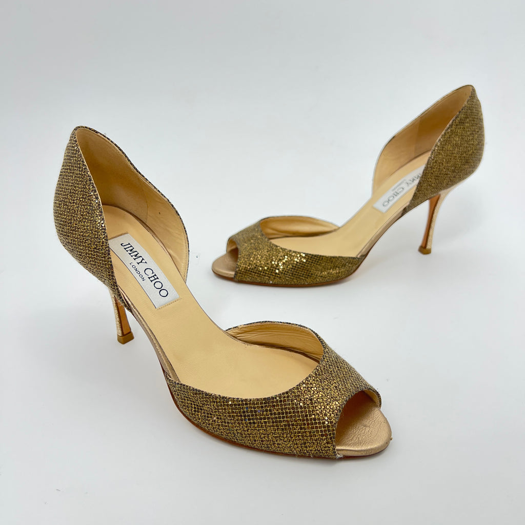 Jimmy Choo | Gold Leather Glitter Peep Toe Stiletto D'Orsay Heels (37.5)