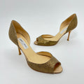 Jimmy Choo | Gold Leather Glitter Peep Toe Stiletto D'Orsay Heels (37.5)