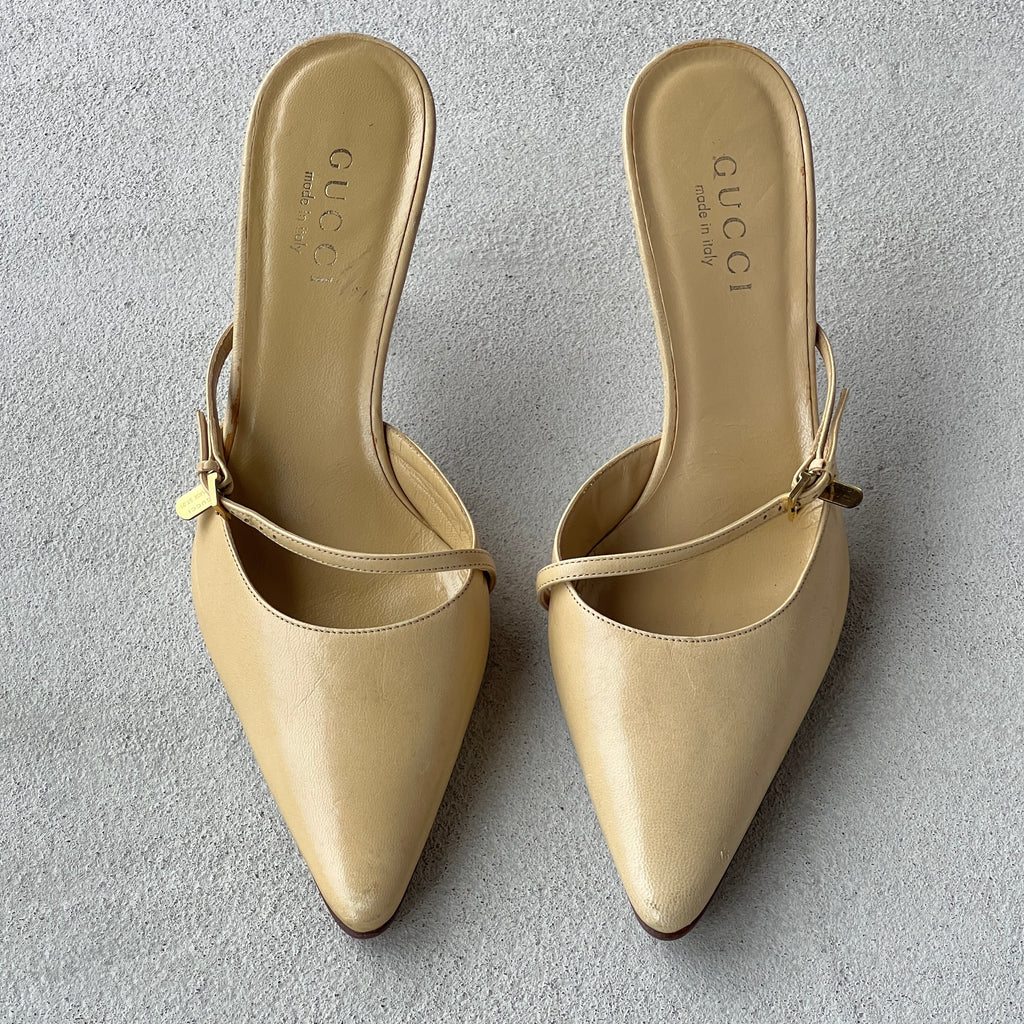 Gucci | Cruise 2001 Tom Ford Era Tan Leather Pointed Toe Slide Mules (37)