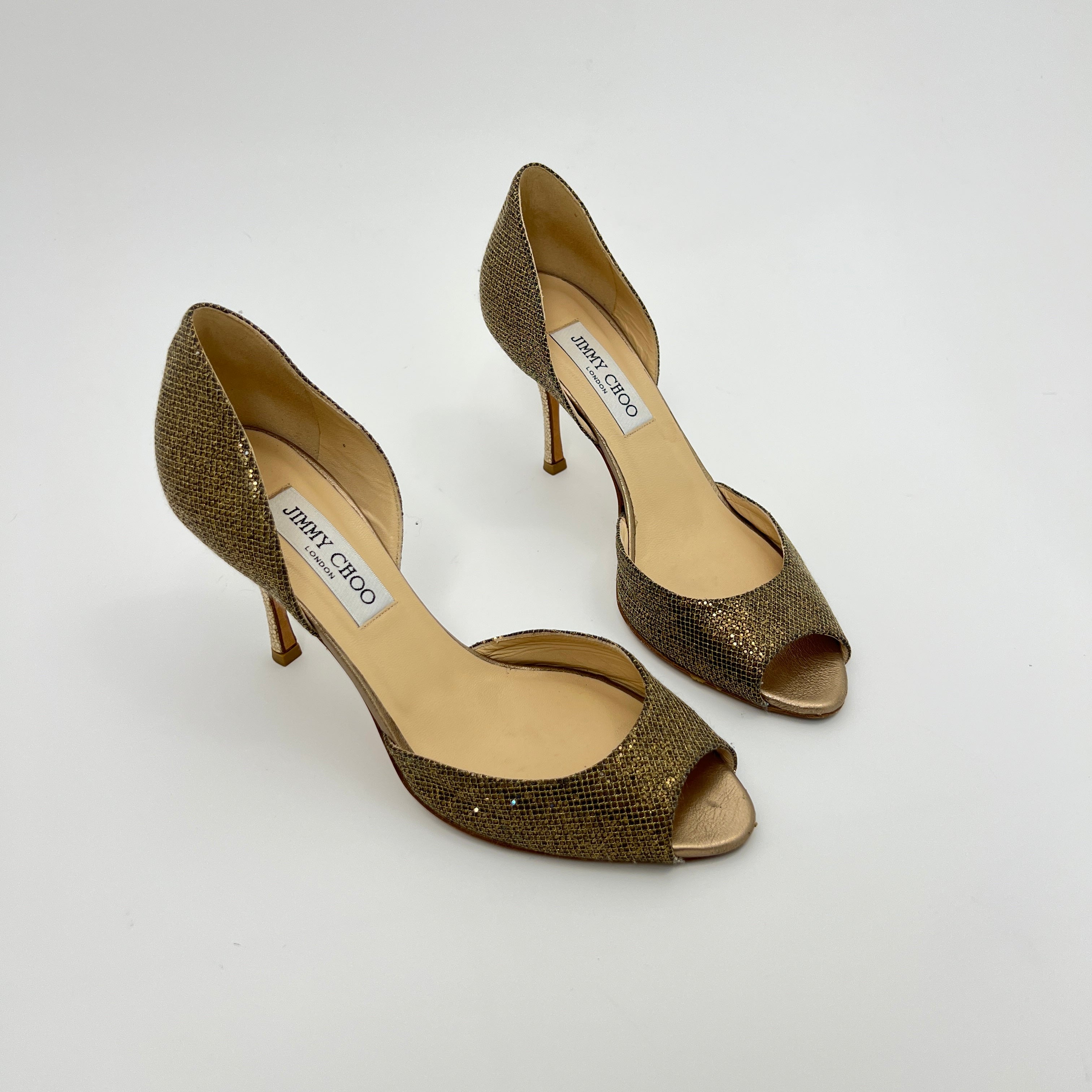 Jimmy Choo | Gold Leather Glitter Peep Toe Stiletto D'Orsay Heels (37.5)