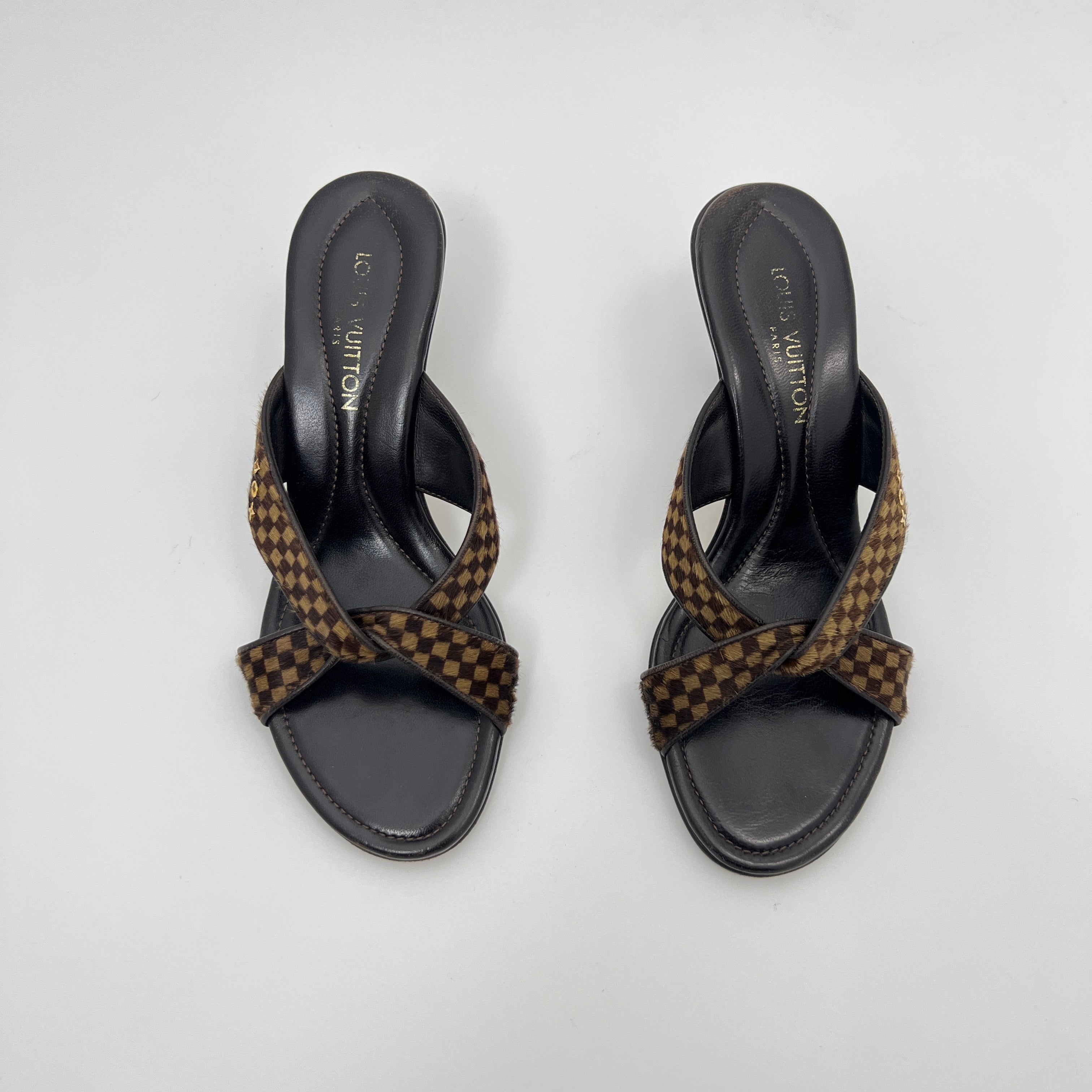 Louis Vuitton | Damier Calf Hair Knot Strap Mid Heel Sandal Mules (34.5)