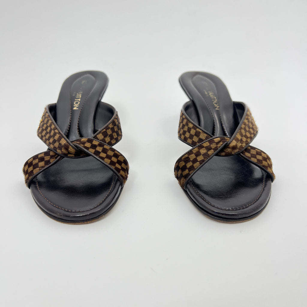 Louis Vuitton | Damier Calf Hair Knot Strap Mid Heel Sandal Mules (34.5)