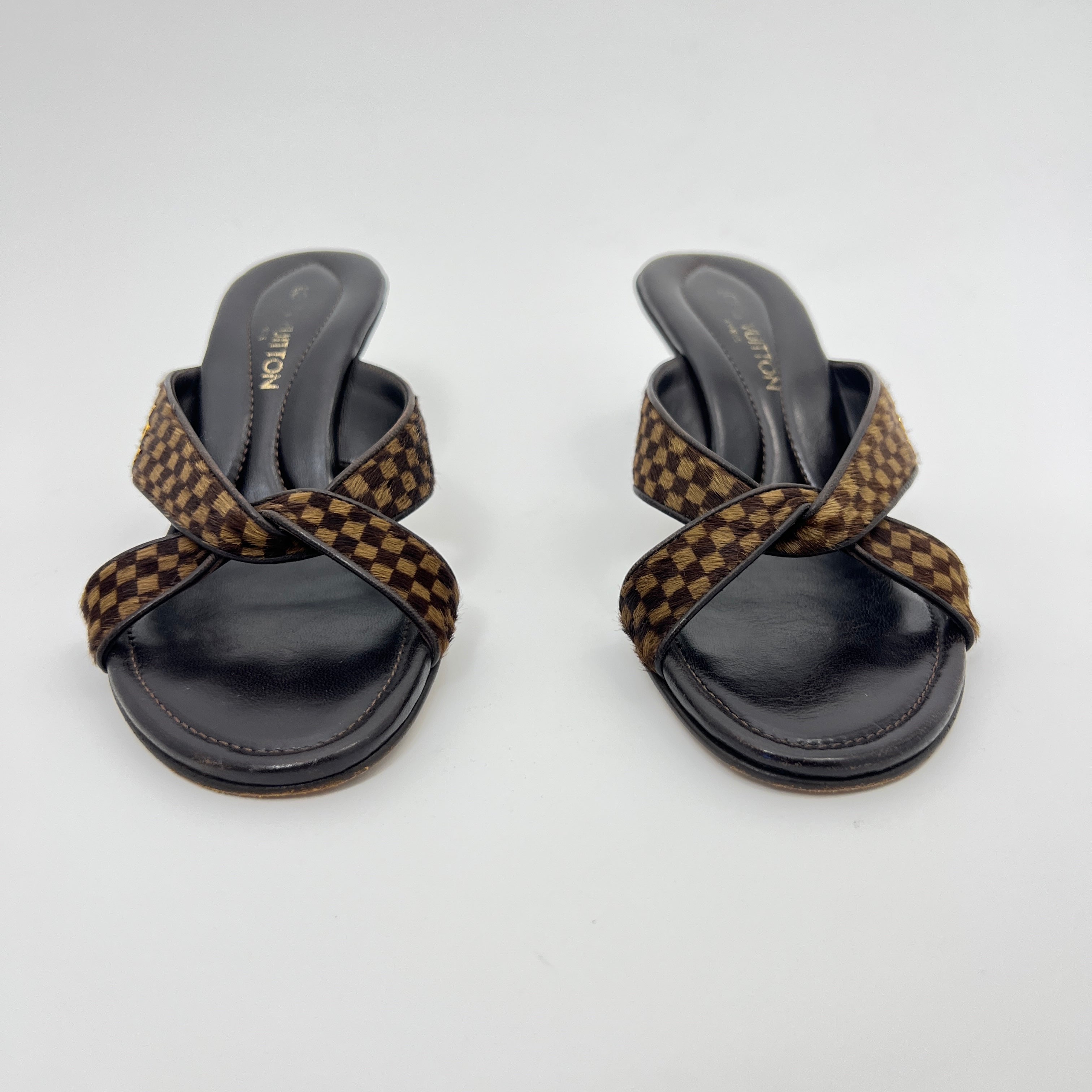 Louis Vuitton | Damier Calf Hair Knot Strap Mid Heel Sandal Mules (34.5)