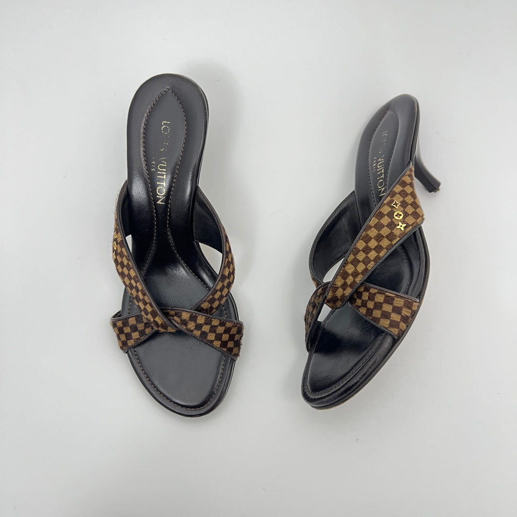 Louis Vuitton | Damier Calf Hair Knot Strap Mid Heel Sandal Mules (34.5)