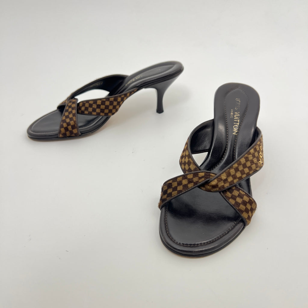 Louis Vuitton | Damier Calf Hair Knot Strap Mid Heel Sandal Mules (34.5)