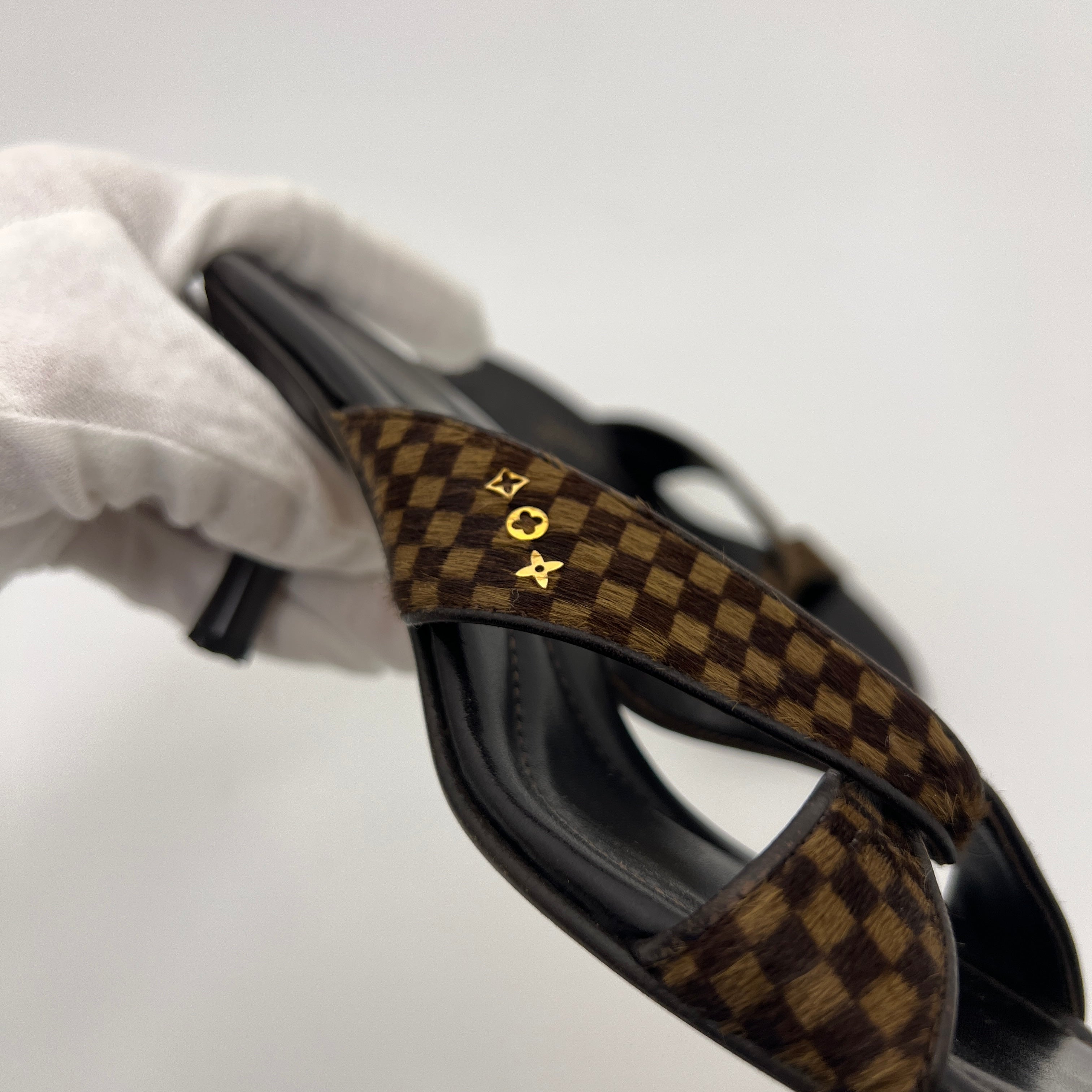 Louis Vuitton | Damier Calf Hair Knot Strap Mid Heel Sandal Mules (34.5)