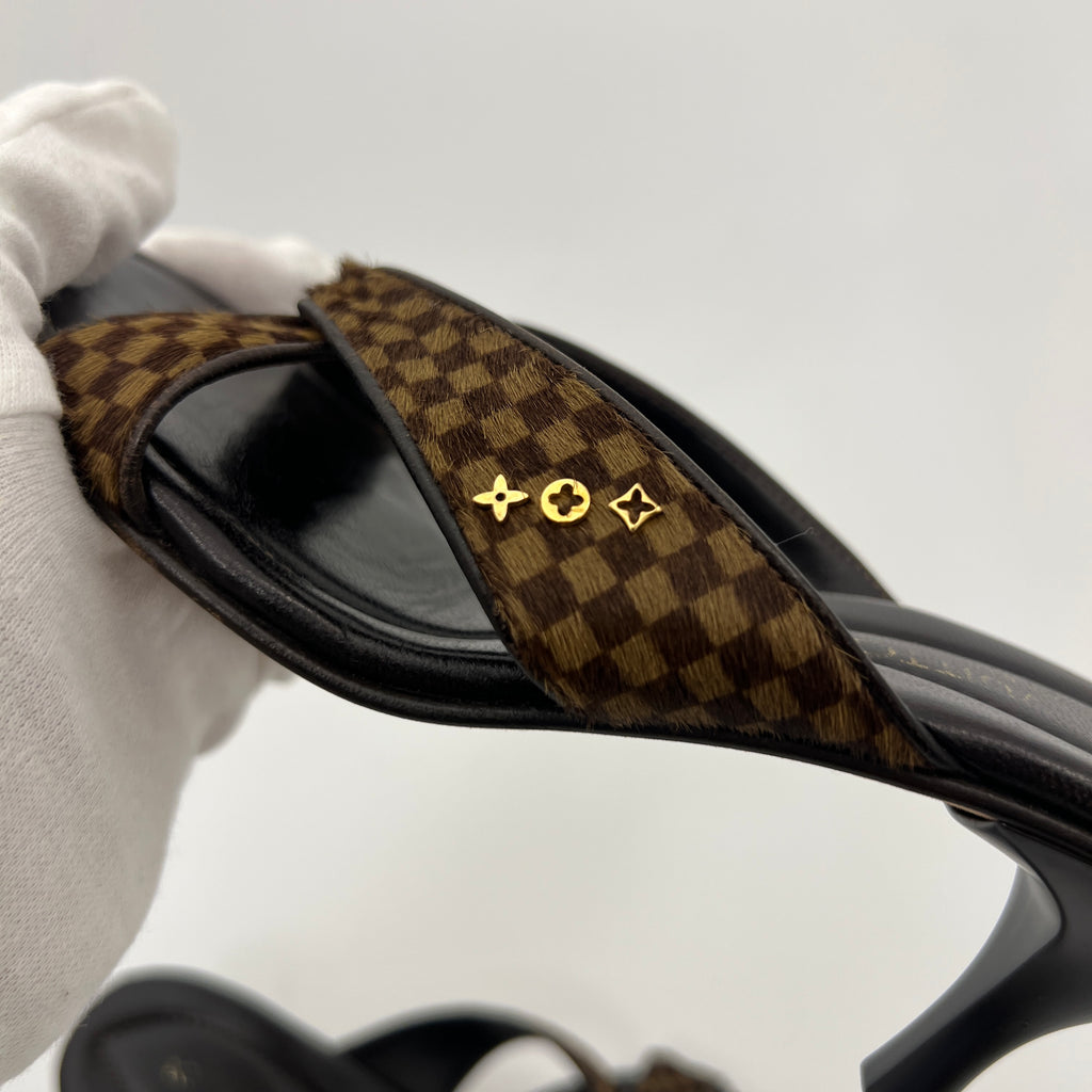 Louis Vuitton | Damier Calf Hair Knot Strap Mid Heel Sandal Mules (34.5)