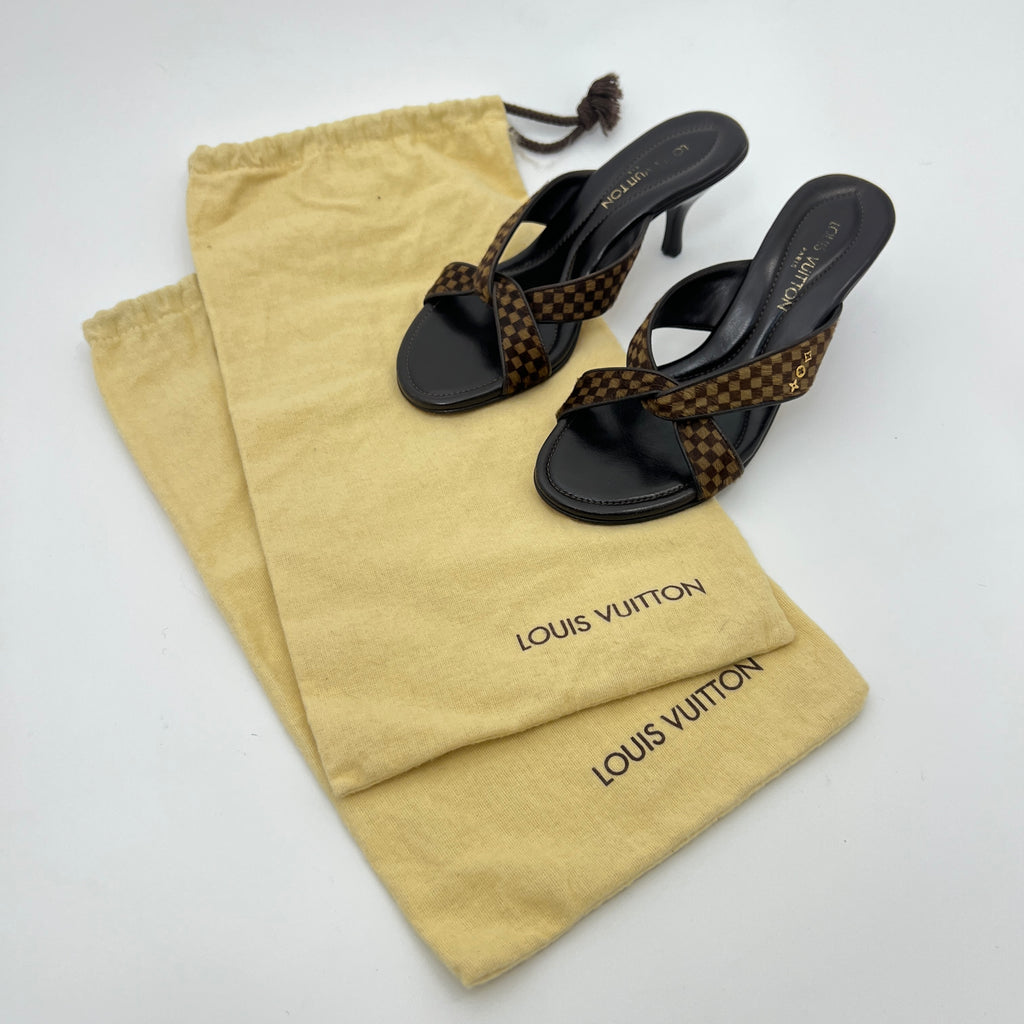 Louis Vuitton | Damier Calf Hair Knot Strap Mid Heel Sandal Mules (34.5)