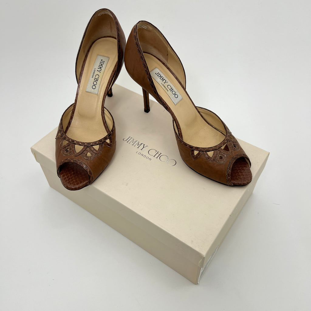 Jimmy Choo | Almond Brown Leather Elaphe Snake Peep Toe Stiletto D'Orsay (37.5)