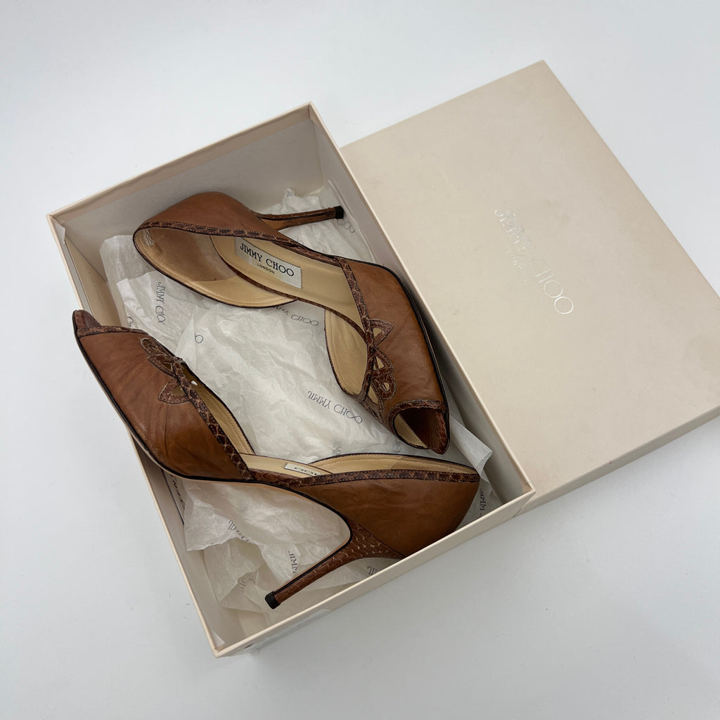 Jimmy Choo | Almond Brown Leather Elaphe Snake Peep Toe Stiletto D'Orsay (37.5)