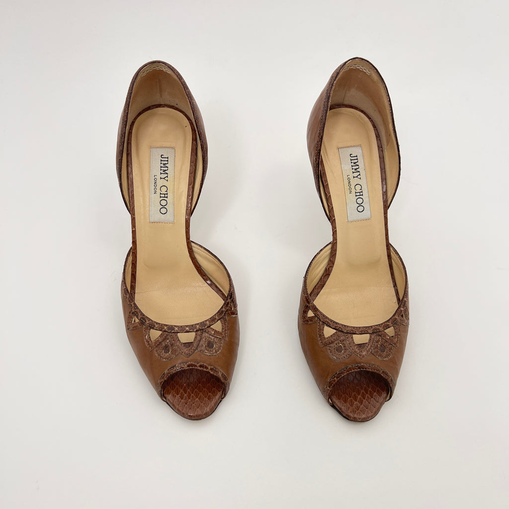 Jimmy Choo | Almond Brown Leather Elaphe Snake Peep Toe Stiletto D'Orsay (37.5)
