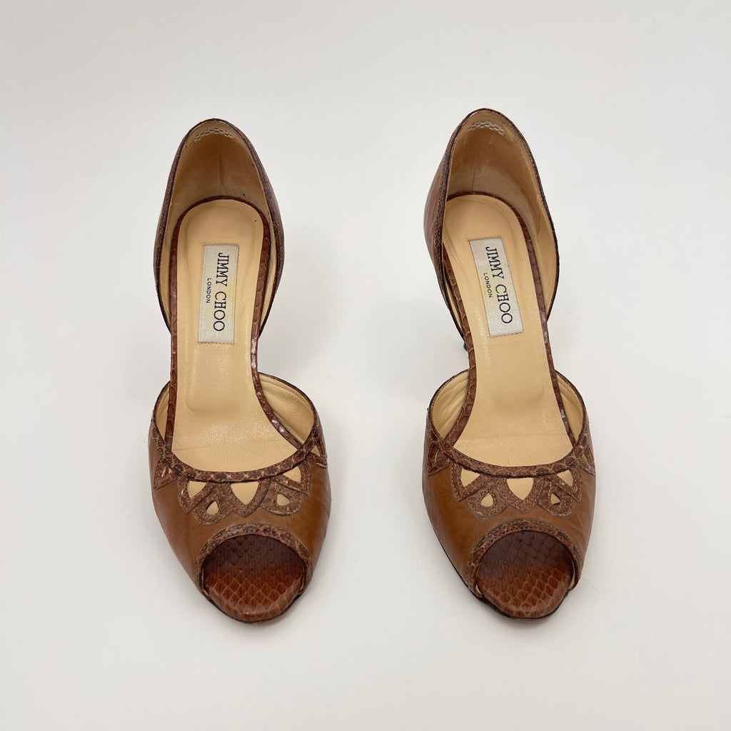Jimmy Choo | Almond Brown Leather Elaphe Snake Peep Toe Stiletto D'Orsay (37.5)