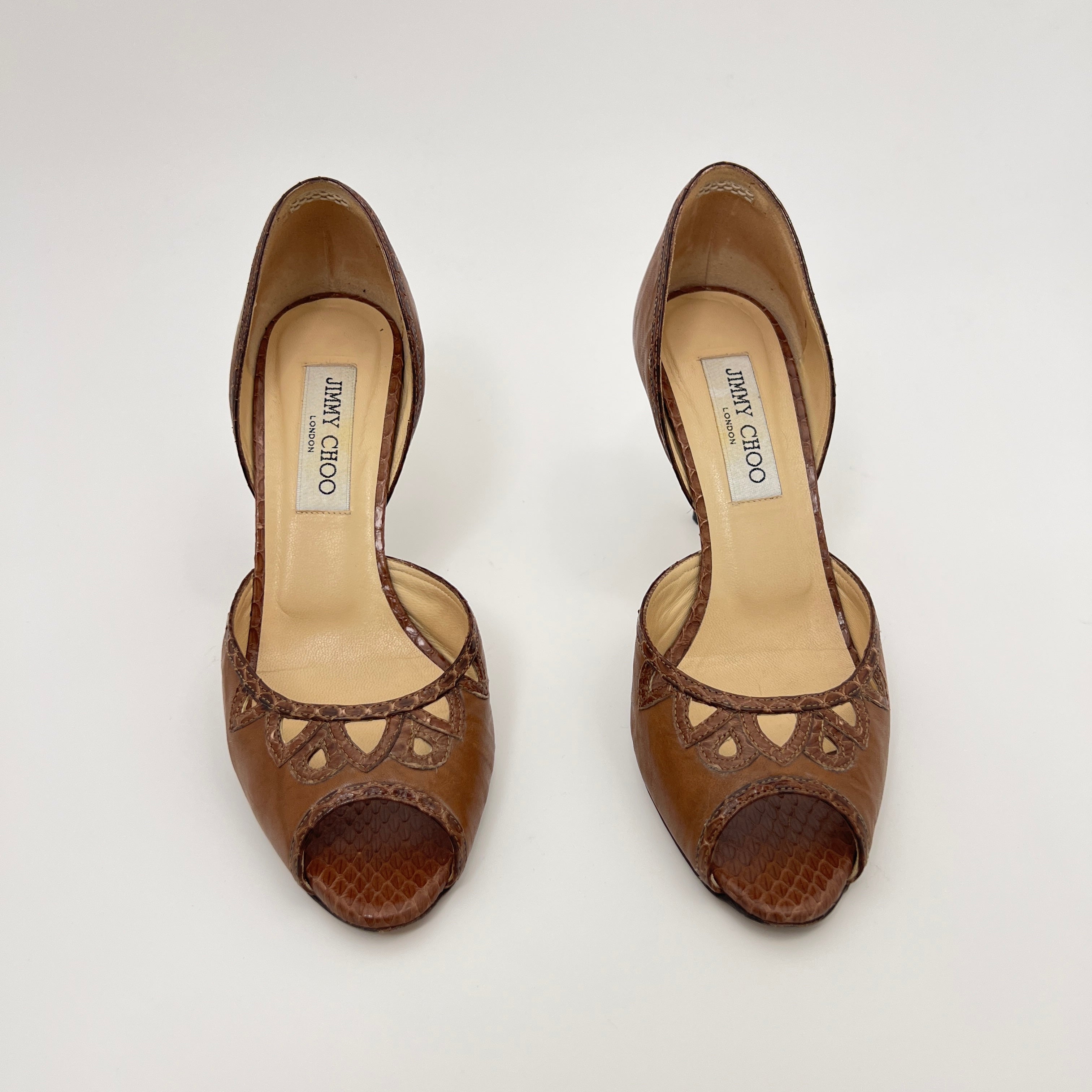 Jimmy Choo | Almond Brown Leather Elaphe Snake Peep Toe Stiletto D'Orsay (37.5)