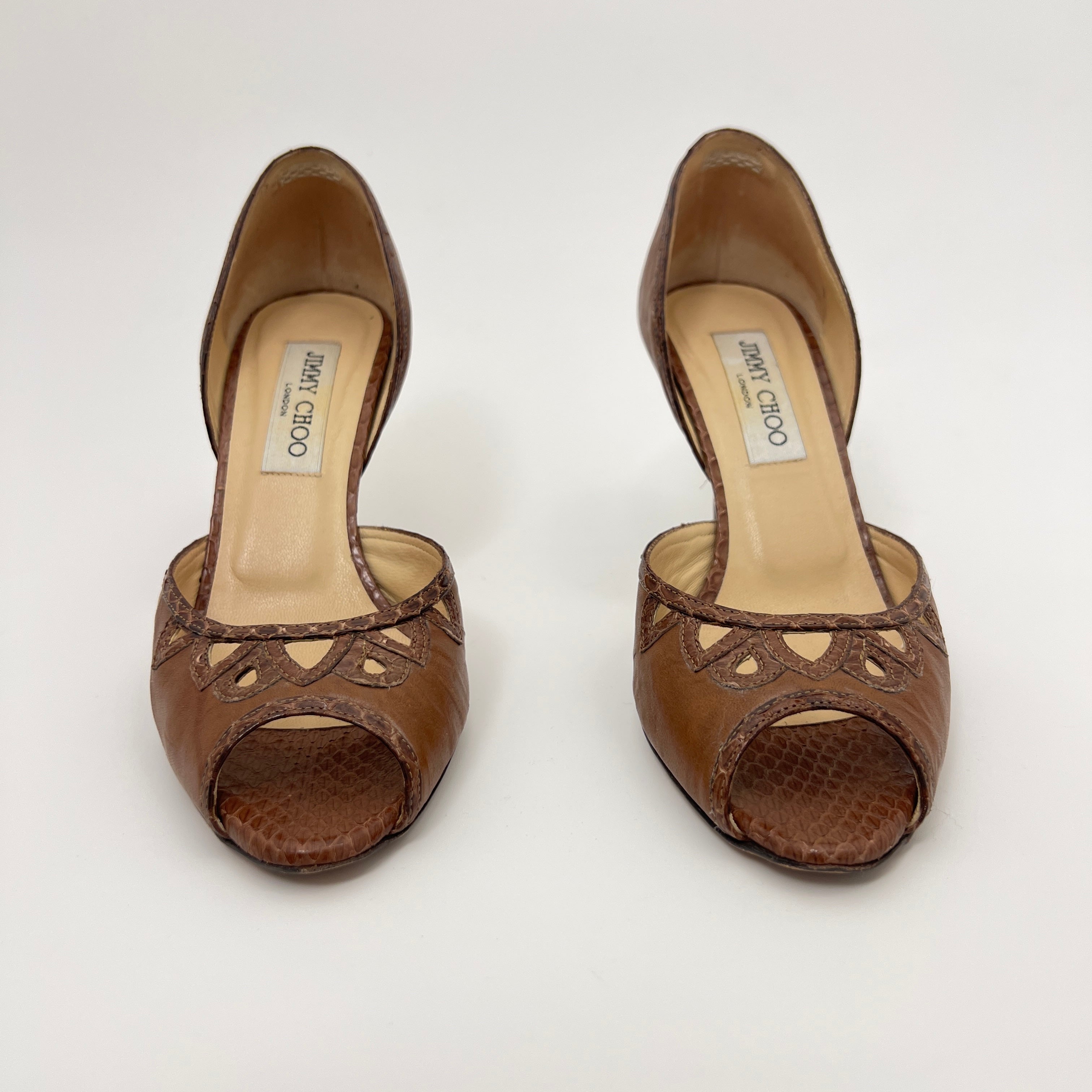 Jimmy Choo | Almond Brown Leather Elaphe Snake Peep Toe Stiletto D'Orsay (37.5)