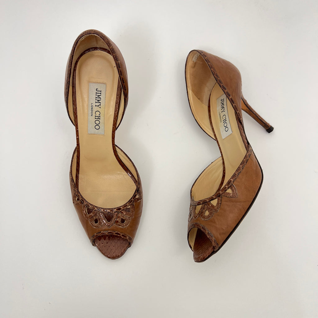 Jimmy Choo | Almond Brown Leather Elaphe Snake Peep Toe Stiletto D'Orsay (37.5)