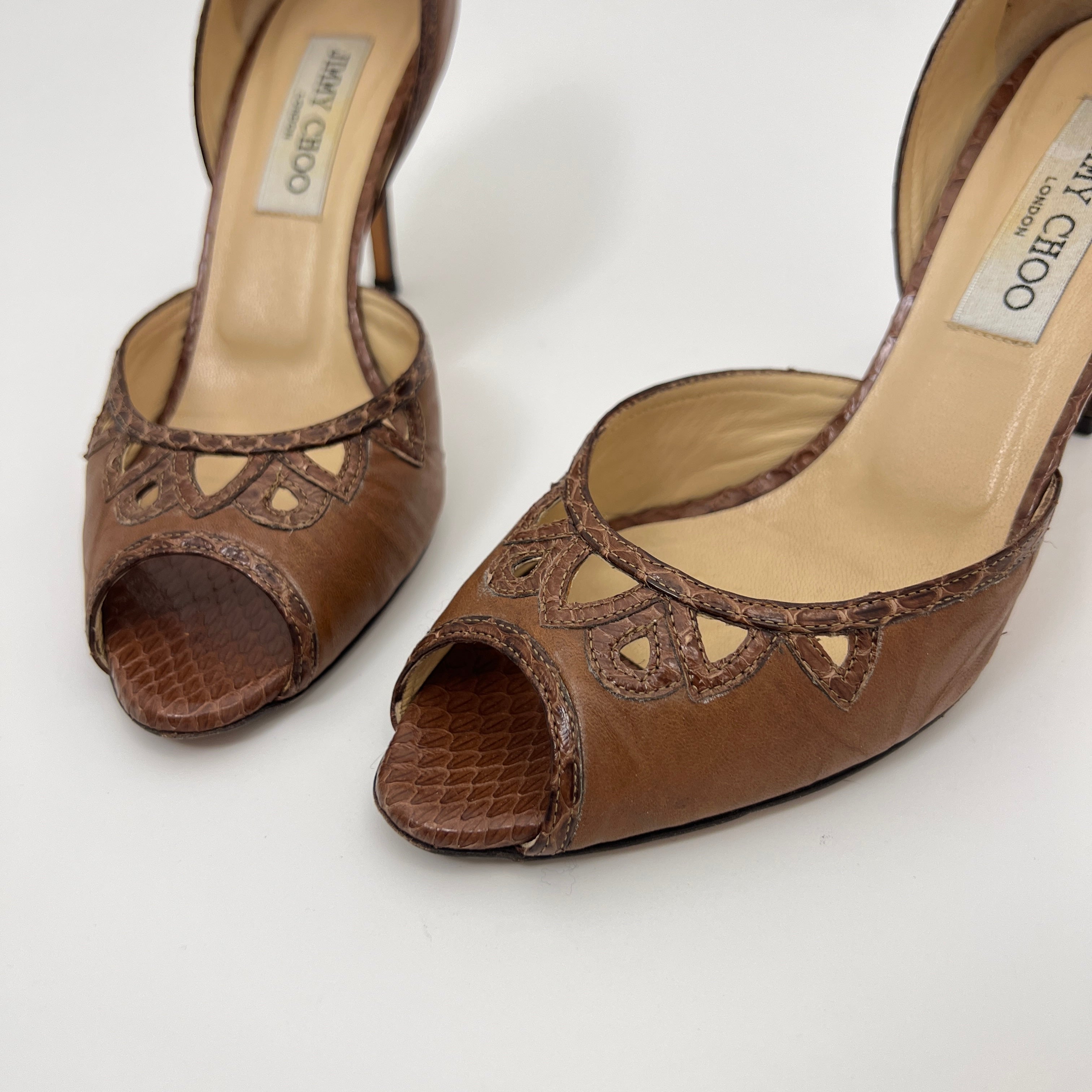 Jimmy Choo | Almond Brown Leather Elaphe Snake Peep Toe Stiletto D'Orsay (37.5)