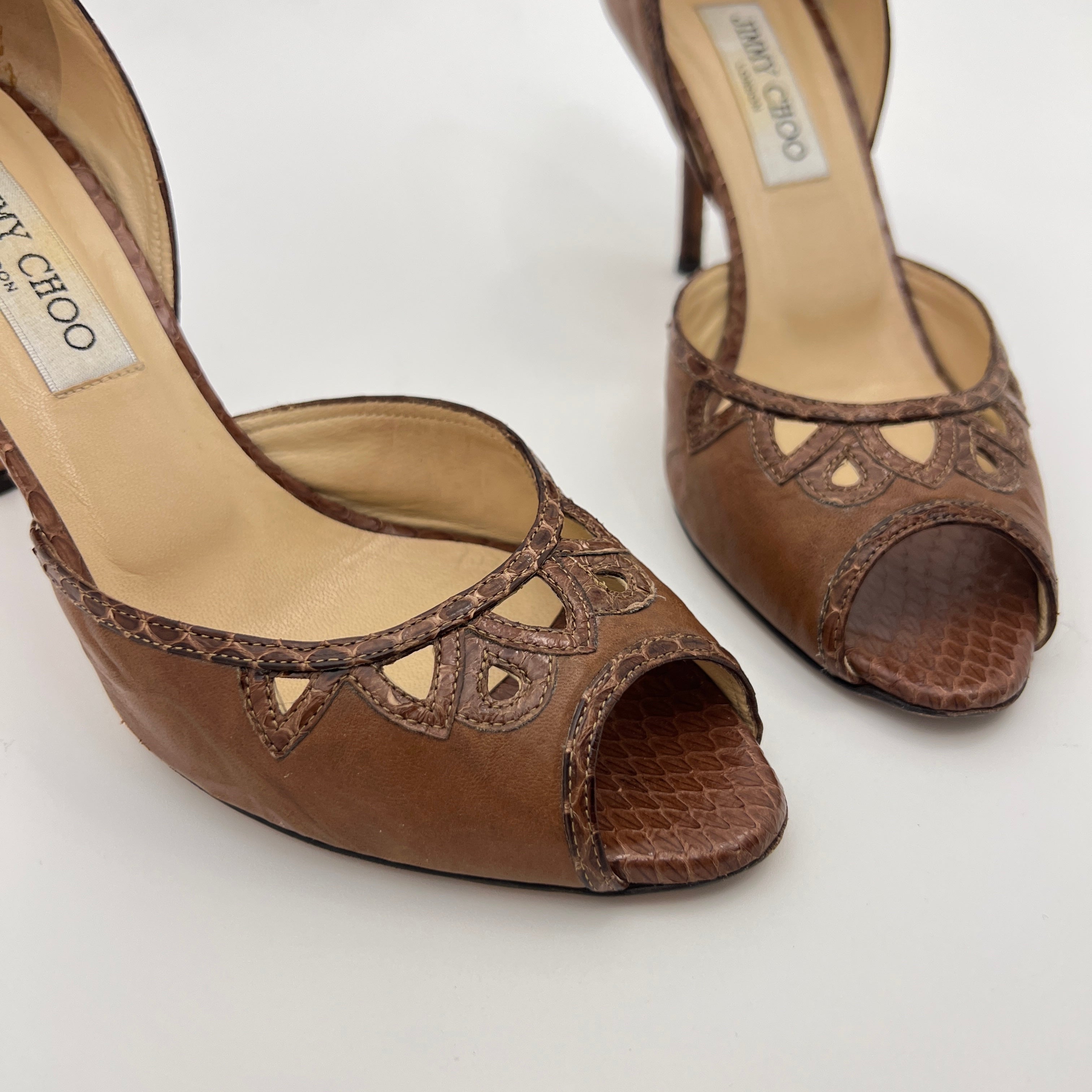 Jimmy Choo | Almond Brown Leather Elaphe Snake Peep Toe Stiletto D'Orsay (37.5)