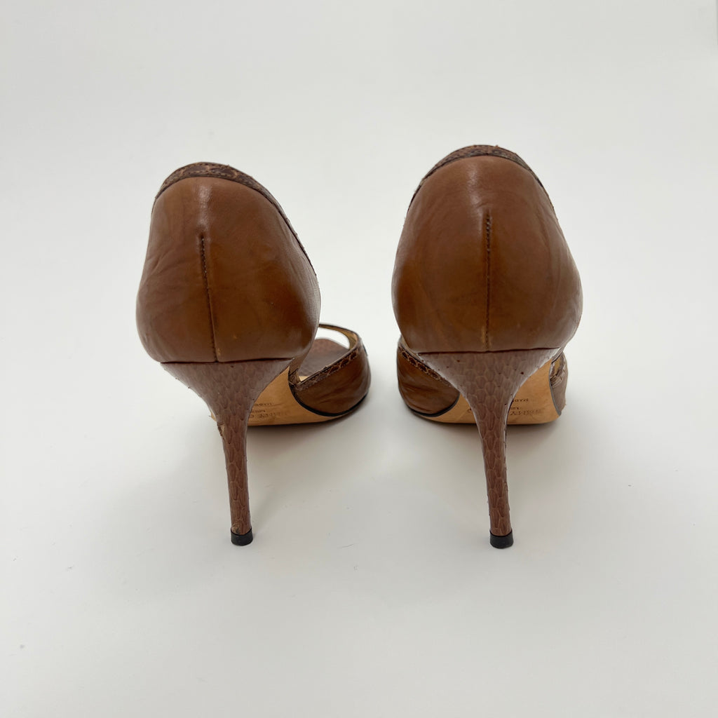 Jimmy Choo | Almond Brown Leather Elaphe Snake Peep Toe Stiletto D'Orsay (37.5)