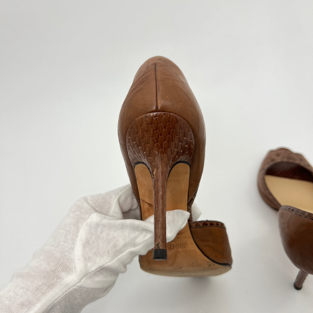Jimmy Choo | Almond Brown Leather Elaphe Snake Peep Toe Stiletto D'Orsay (37.5)