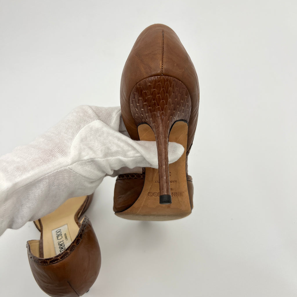 Jimmy Choo | Almond Brown Leather Elaphe Snake Peep Toe Stiletto D'Orsay (37.5)