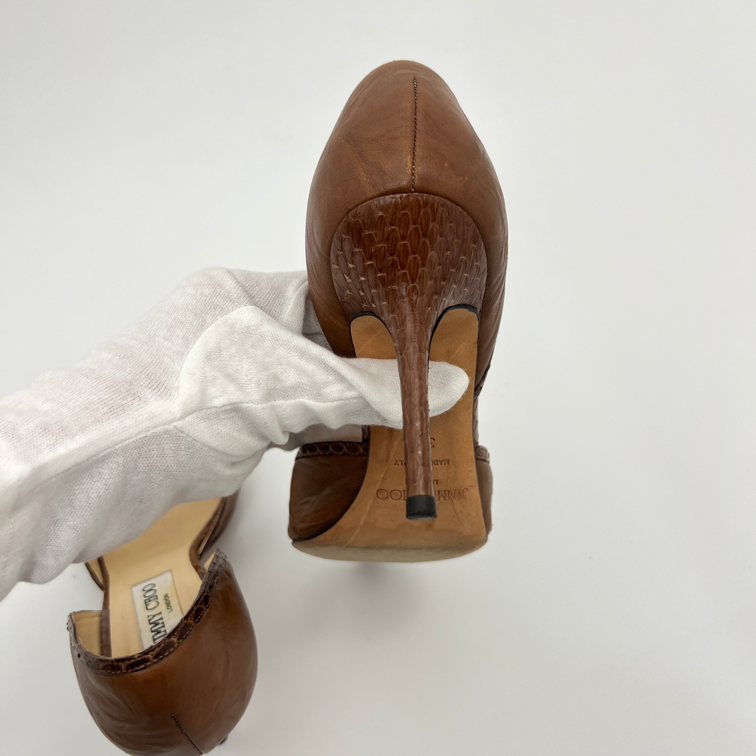 Jimmy Choo | Almond Brown Leather Elaphe Snake Peep Toe Stiletto D'Orsay (37.5)