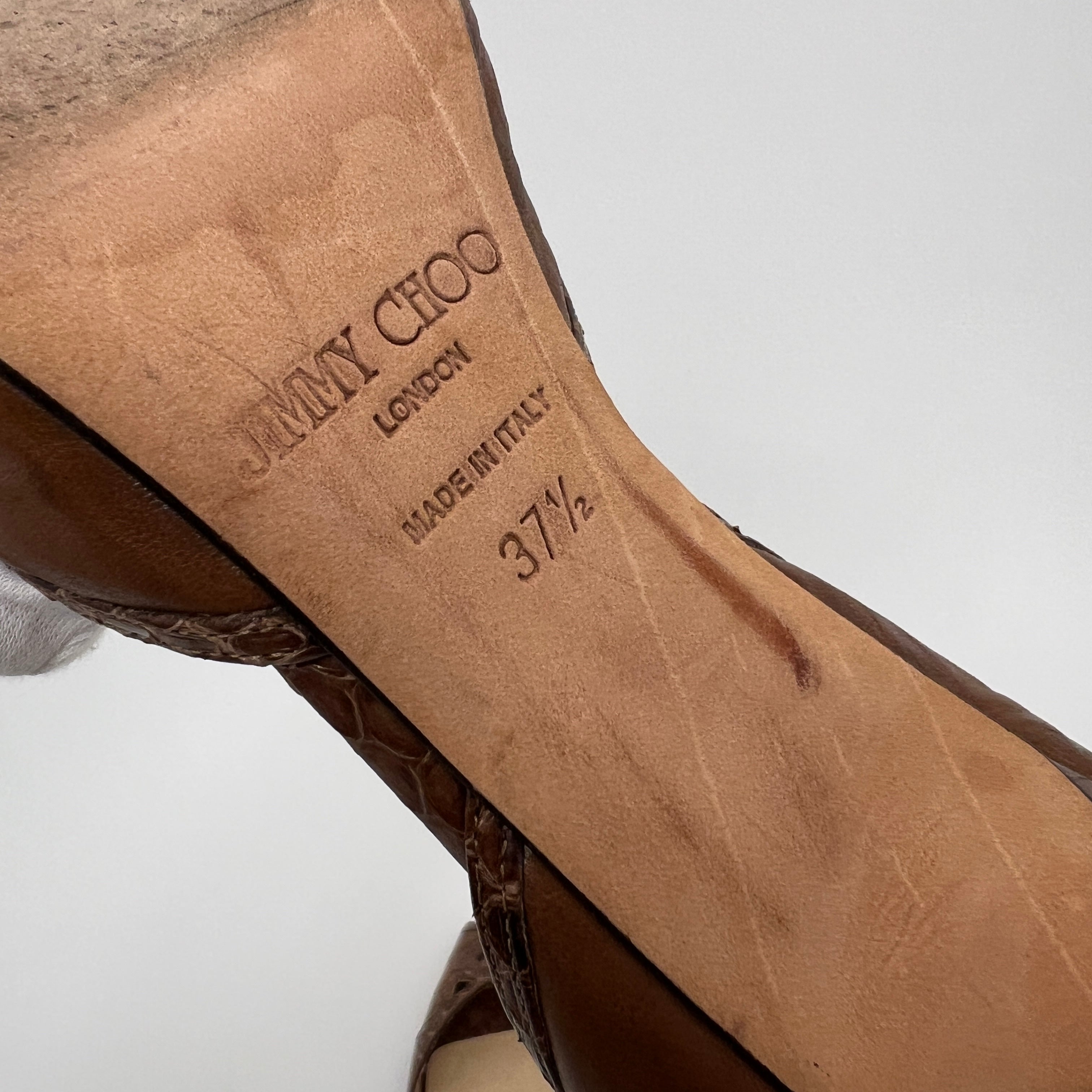 Jimmy Choo | Almond Brown Leather Elaphe Snake Peep Toe Stiletto D'Orsay (37.5)