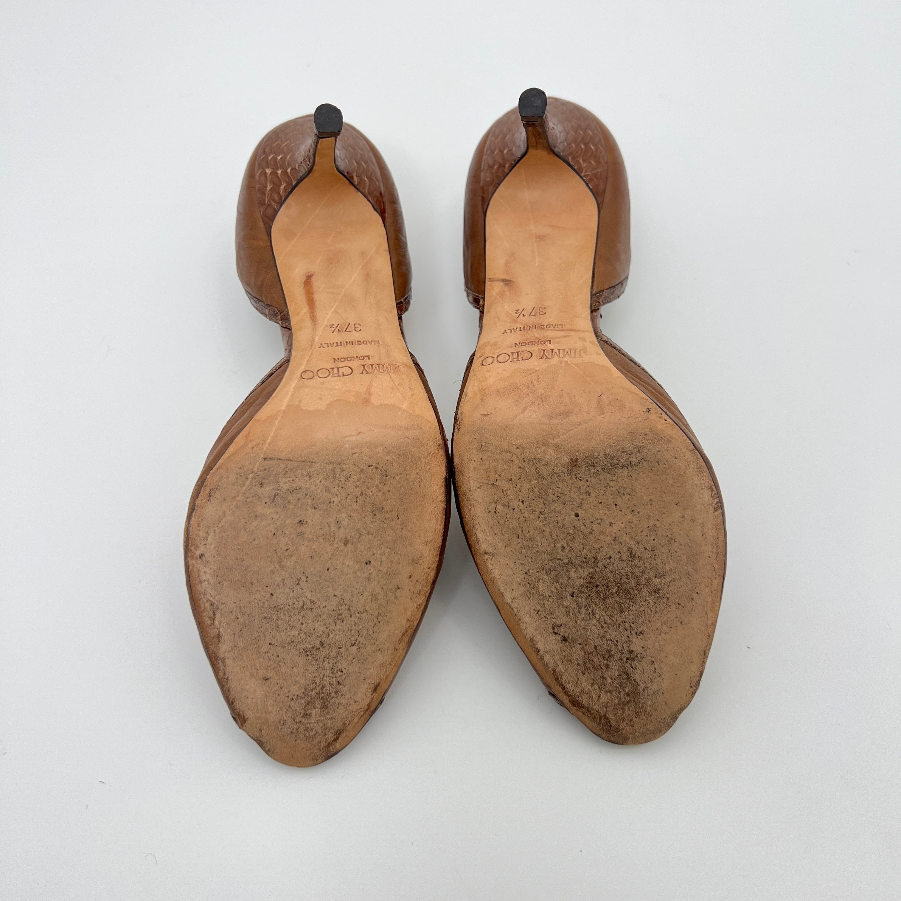 Jimmy Choo | Almond Brown Leather Elaphe Snake Peep Toe Stiletto D'Orsay (37.5)