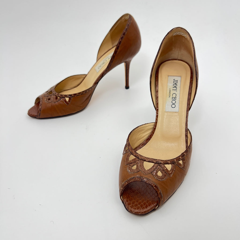 Jimmy Choo | Almond Brown Leather Elaphe Snake Peep Toe Stiletto D'Orsay (37.5)