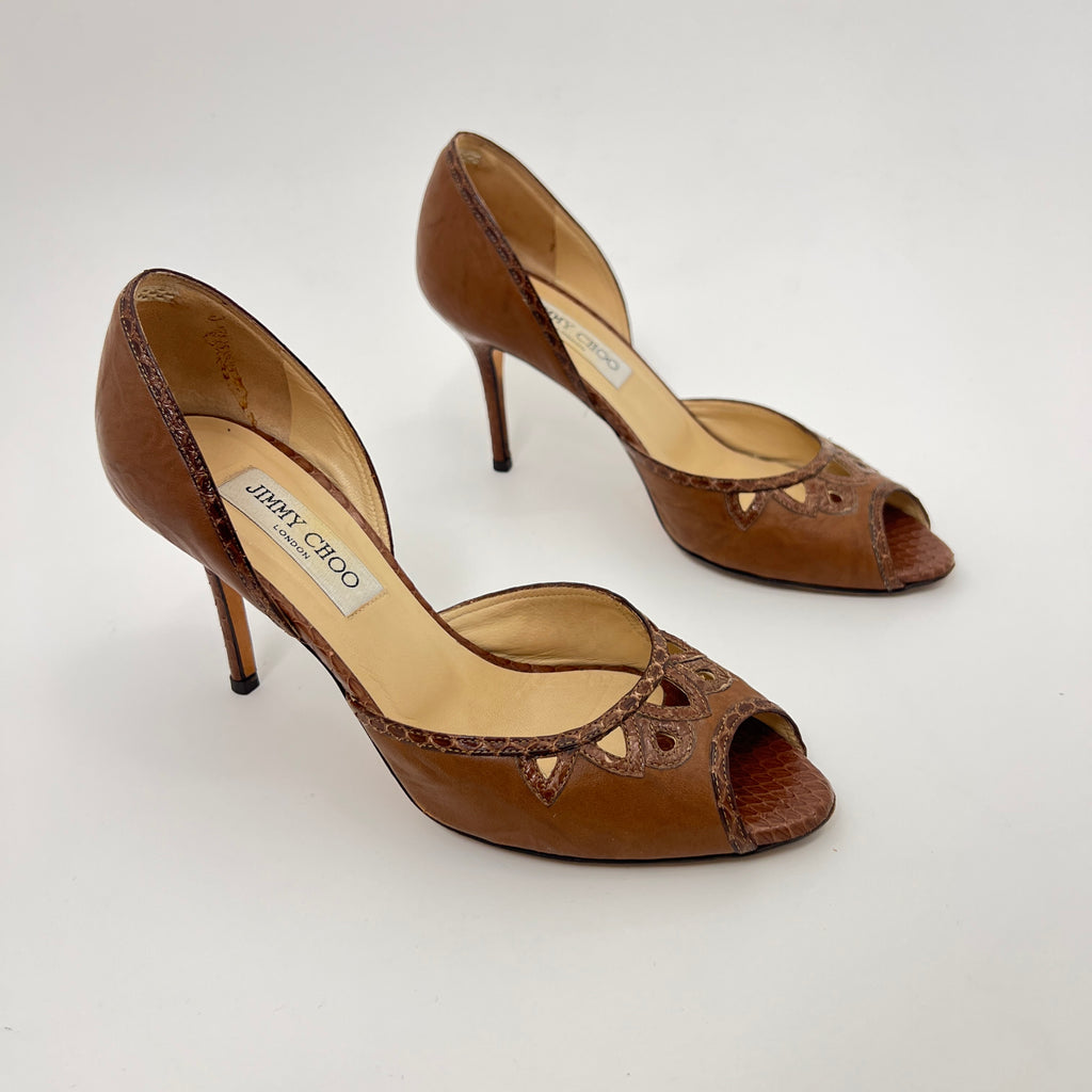 Jimmy Choo | Almond Brown Leather Elaphe Snake Peep Toe Stiletto D'Orsay (37.5)